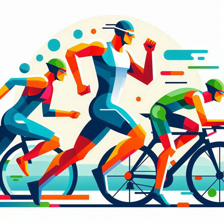 Cyclists in a race. Vector illustration in flat style.のイラスト素材