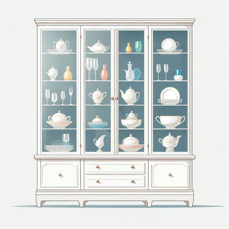 Cabinet with dishes, cups and saucers. Vector illustration.のイラスト素材