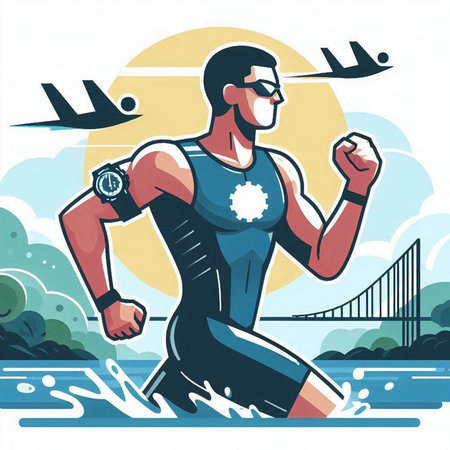 Vector illustration of a strong man running in the water. Sport concept.のイラスト素材