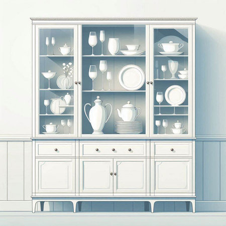 Illustration of a white cupboard with dishes and utensilsのイラスト素材