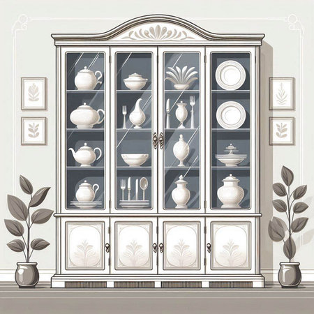 Illustration of a vintage cupboard with porcelain dishes.のイラスト素材