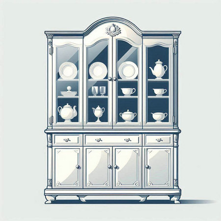 Illustration of a vintage cupboard with dishes and cutleryのイラスト素材
