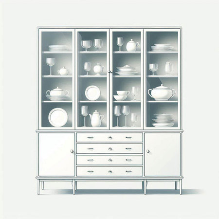 Cabinet with dishes on a white background. Vector illustration.のイラスト素材