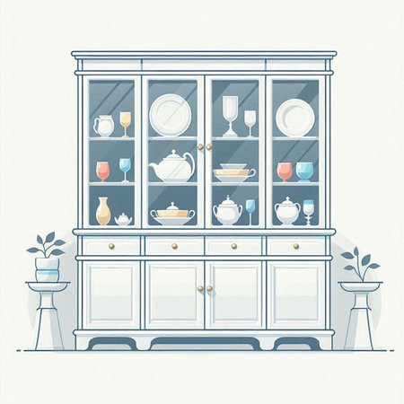 Cabinet with cups and saucers. Vector illustration.のイラスト素材