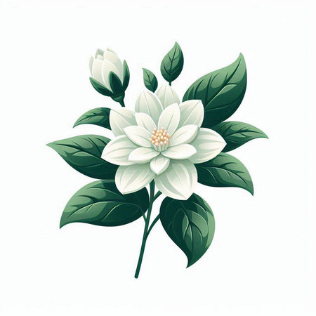 White magnolia flower with green leaves isolated on white background. Vector illustration.のイラスト素材