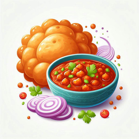 Bowl of delicious tomato sauce with bread and onion on white backgroundのイラスト素材