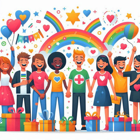 Happy people with balloons, gift boxes and rainbow. Vector illustration.のイラスト素材