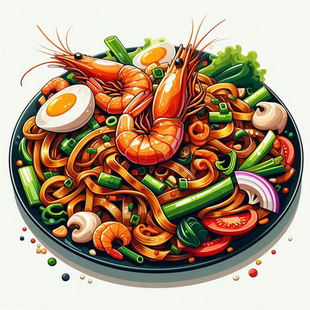 Illustration of japanese noodle with shrimps and vegetablesのイラスト素材