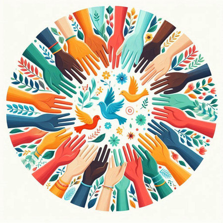 Hands of different ethnicities and religions in circle. Vector illustration.のイラスト素材