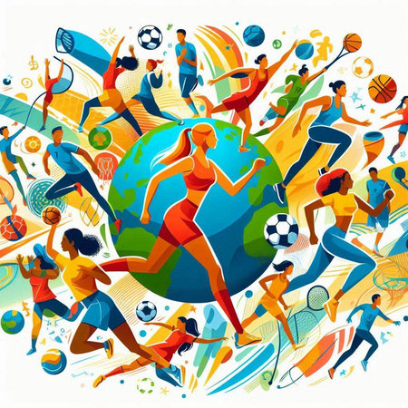 Vector illustration of a group of young people playing soccer, football, basketball, rugby, volleyball, tennis, tennis, tennis, tennis, swimming, running, running.のイラスト素材
