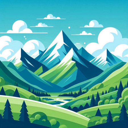 Mountain landscape. Vector illustration of a mountain landscape with blue sky and clouds.のイラスト素材