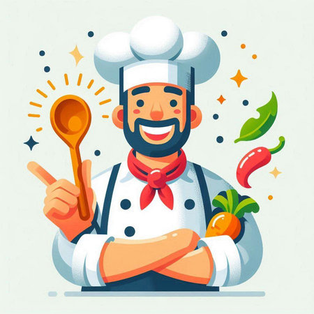 Chef with vegetables. Vector illustration in flat cartoon style. Concept of cookingのイラスト素材