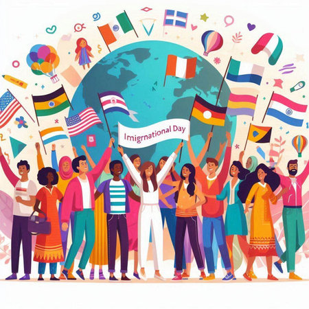 Vector illustration of a group of people with flags around the world.のイラスト素材