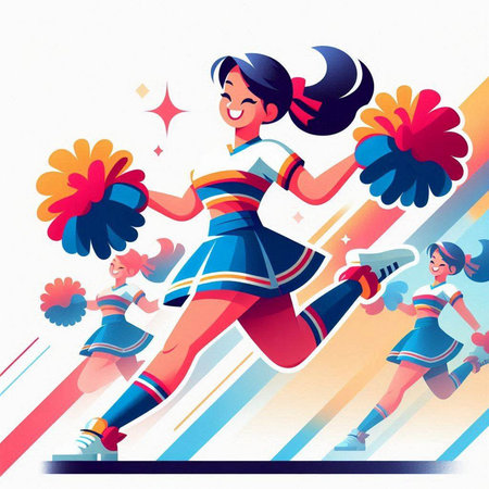 Cheerleader with pompoms. Cheerleader in action. Vector illustration.のイラスト素材