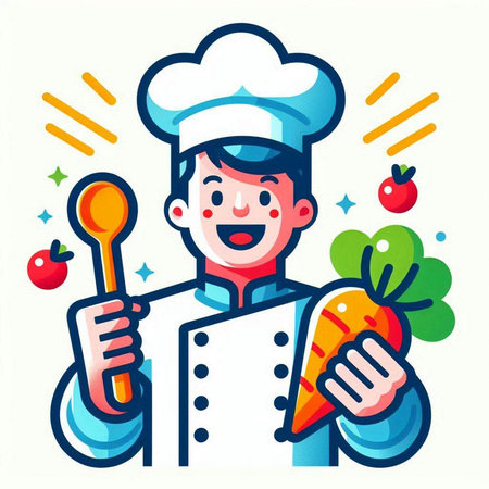 Chef with carrot and spoon in hand. Vector illustration in cartoon styleのイラスト素材