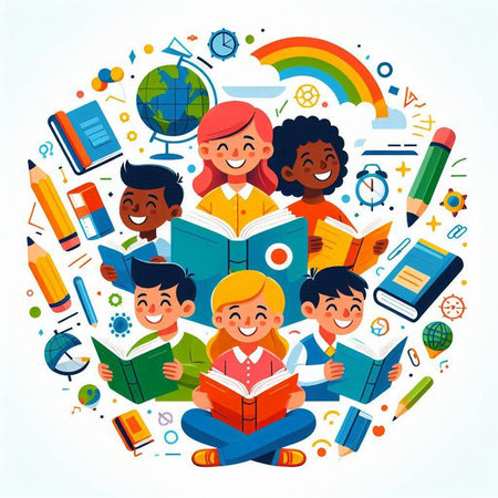 Vector illustration of happy group of children reading books and doing school activities.のイラスト素材