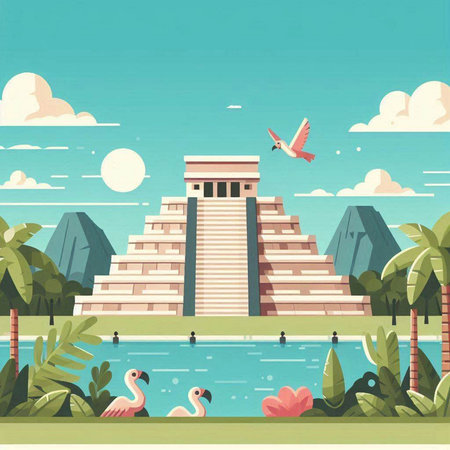 Egyptian pyramid on a background of nature. Vector illustration in flat styleのイラスト素材
