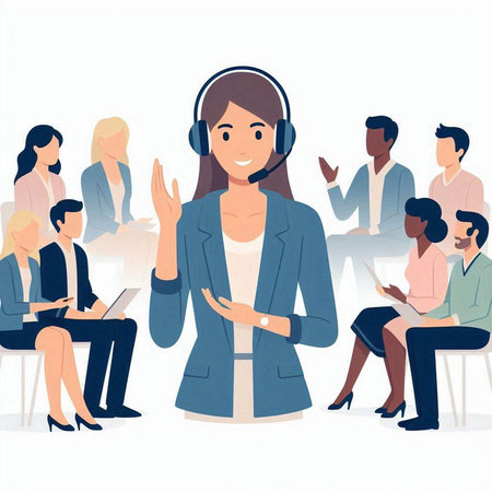 Call center operator with headset and customer service staff. Vector flat illustrationのイラスト素材