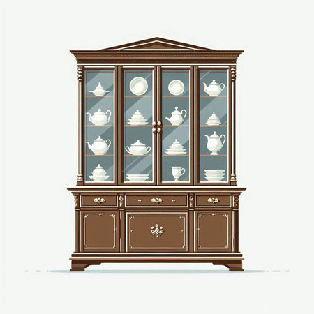 Cabinet with cups and saucers. Vector illustration.のイラスト素材