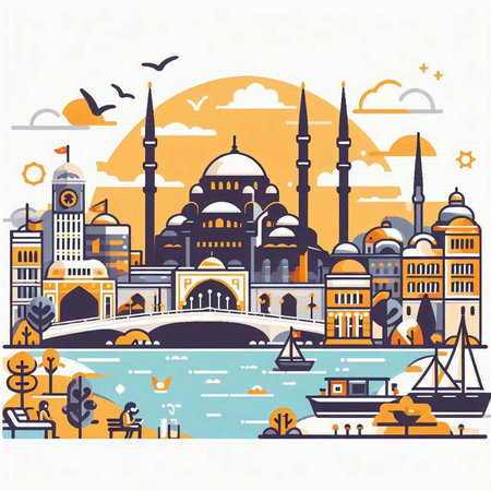 Vector illustration of Istanbul city in flat style. Cityscape with landmarks.のイラスト素材