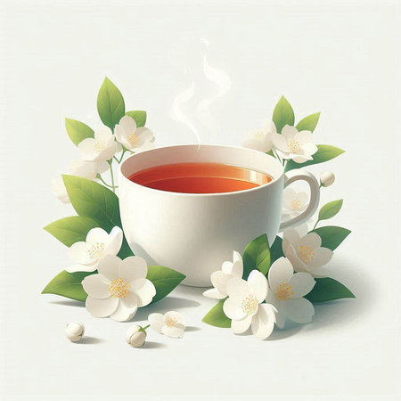 Cup of tea with jasmine flowers. Vector illustration.のイラスト素材
