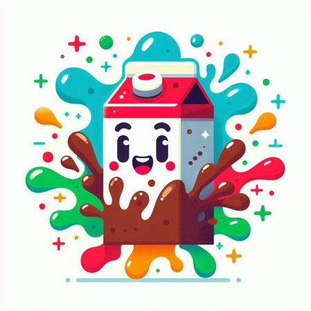 Milk carton character with splashes and drops isolated on whiteのイラスト素材