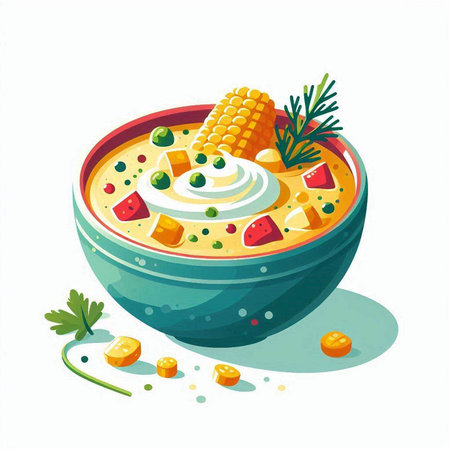 Creamy soup with corn and sour cream in bowl. Vector illustration.のイラスト素材