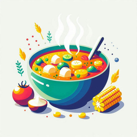 Illustration of a bowl of soup with vegetables and corn. Vector illustration.のイラスト素材