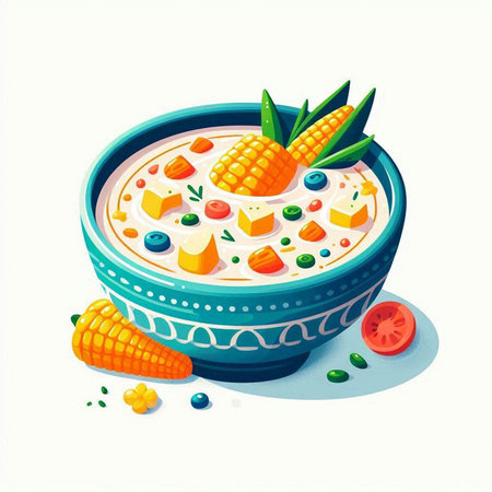 Cereal soup with corn and carrots in a bowl. Vector illustration.のイラスト素材
