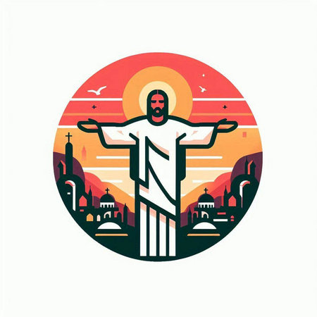 Jesus Christ on the background of the sunset. Vector illustration in flat style.のイラスト素材