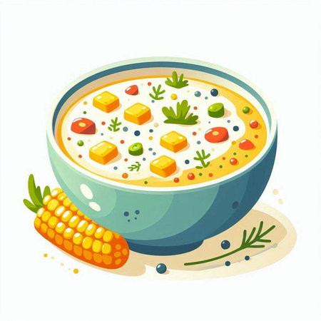 Vector illustration of a bowl of soup with vegetables and corn on the cobのイラスト素材