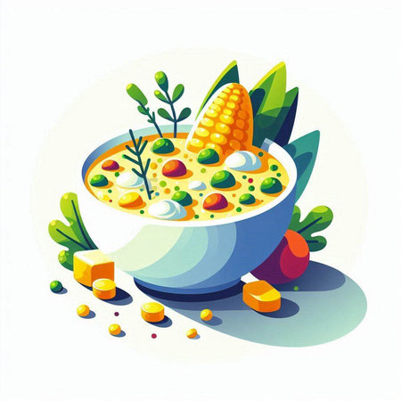 Illustration of a bowl of vegetable soup with corn, carrot, onion and parsleyのイラスト素材