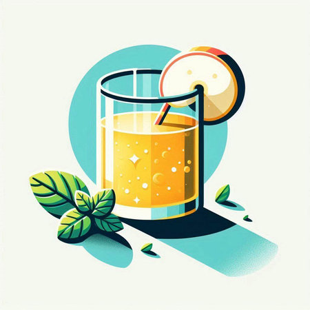 Orange juice in a glass with a straw and green leaves. Vector illustration.のイラスト素材
