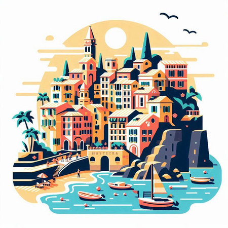 Cityscape with boats and yachts. Vector illustration in flat styleのイラスト素材