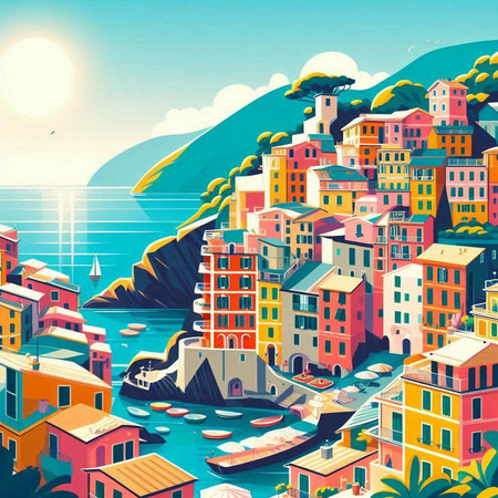 Cinque Terre - Liguria, Italy. Vector illustrationのイラスト素材