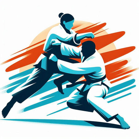 Karate illustration, man and woman fighting, abstract vector art.のイラスト素材