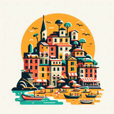 Flat design colorful illustration of Venice, Italy. Travel and vacation concept.のイラスト素材