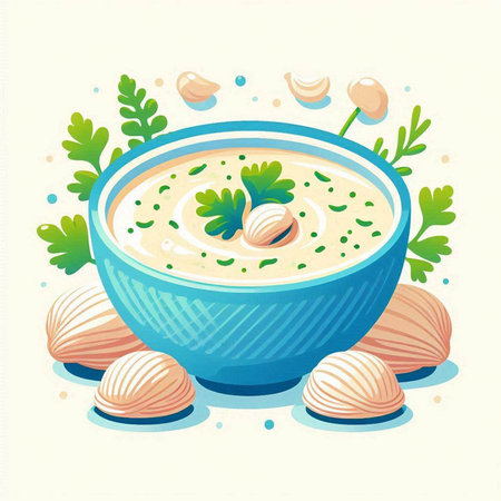 Creamy soup with parsley in blue bowl. Vector illustration.のイラスト素材