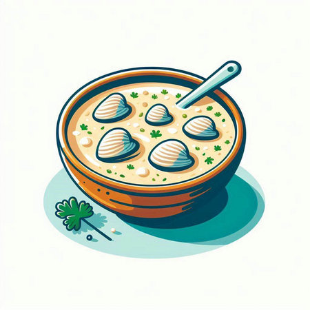 Illustration of a bowl of soup with dumplings on a white backgroundのイラスト素材