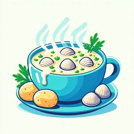 Mushroom soup with dumplings in blue bowl. Vector illustration.のイラスト素材