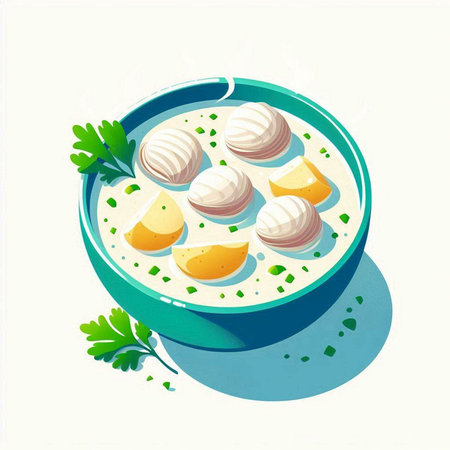 Illustration of a bowl of sour cream soup with eggs and parsleyのイラスト素材