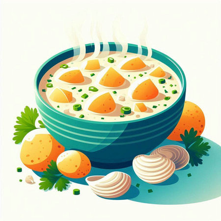 Illustration of a bowl of soup with eggs and greens on a white backgroundのイラスト素材