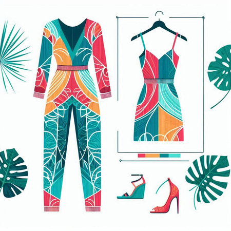 Set of women's clothes and accessories with tropical leaves. Vector illustration.のイラスト素材