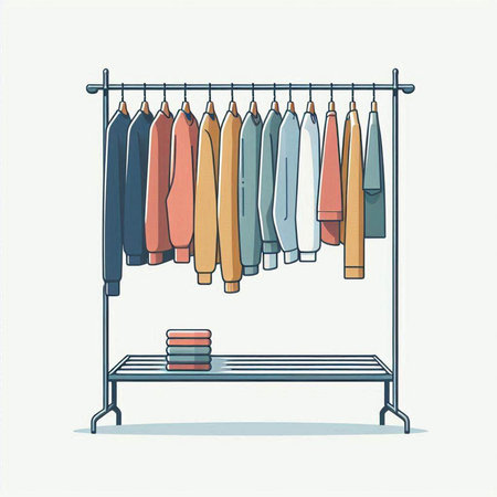 Clothes rack with different shirts on hangers. Vector illustration.のイラスト素材