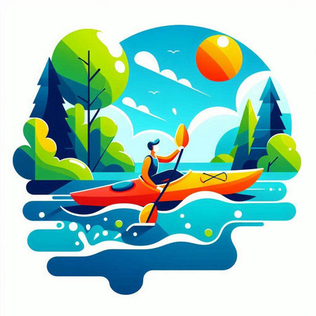 Illustration of a man kayaking in a lake, vector illustrationのイラスト素材