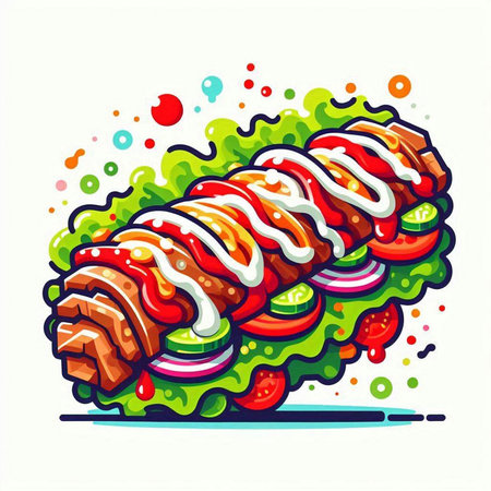 Sushi roll with meat, vegetables and sauce. Vector illustration.のイラスト素材