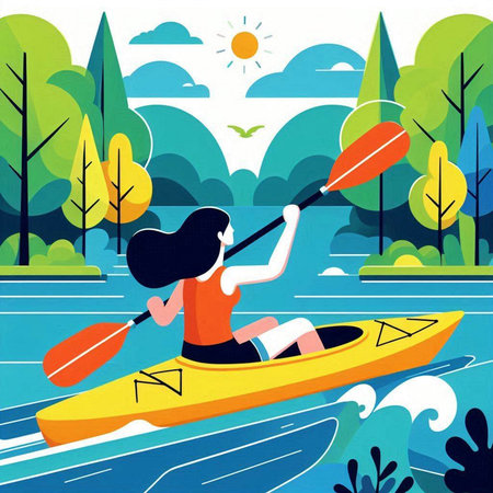 Girl in a kayak on the river. Vector illustration in flat styleのイラスト素材