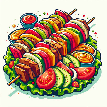 Illustration of grilled meat on skewers with vegetables and sauce.のイラスト素材