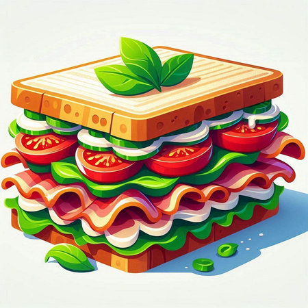 Sandwich with ham, cheese, tomato and lettuce. Vector illustration.のイラスト素材