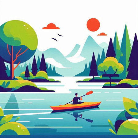 Kayaking in the river. Vector illustration of a flat design.のイラスト素材